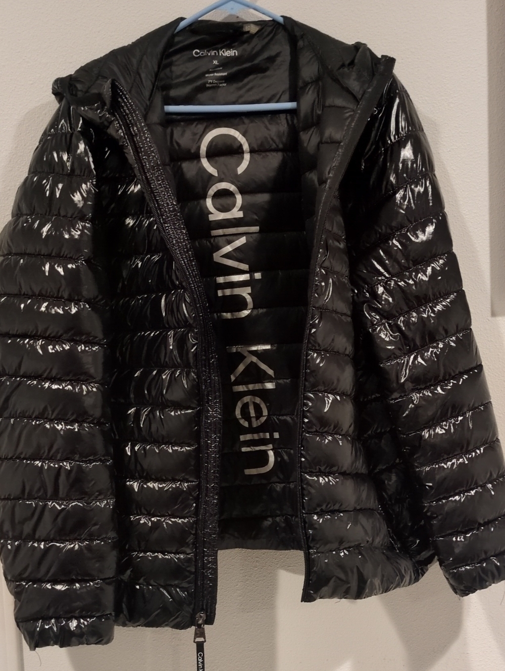 Calvin Klein Mens XL Shiny Black Packable Hooded Puffer Jacket Water Resistant
